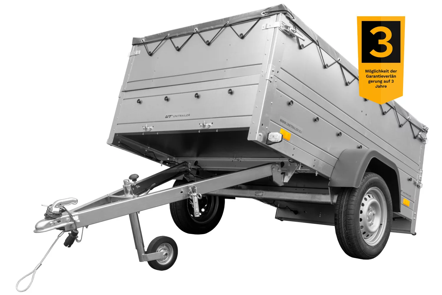 Kippbarer Pkw Anhänger GARDEN TRAILER 201 KIPP mit Bordwandaufsatz, Stützrad & Flachplane | 750 kg | UNITRAILER